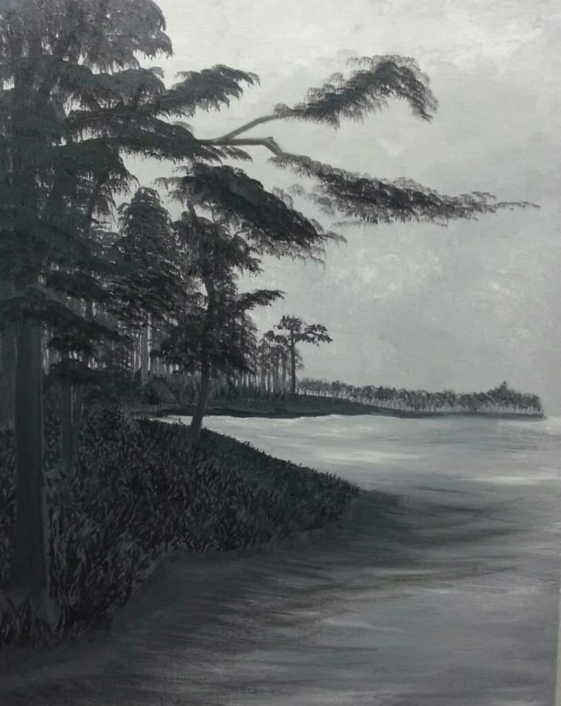Safe Haven #1 grayscale coastal landscape painting by Michael M. Ponce